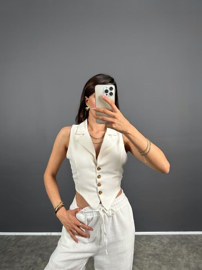 Dios Ekru ZR Model Sırt Dekolteli Astarlı Crop Yelek 