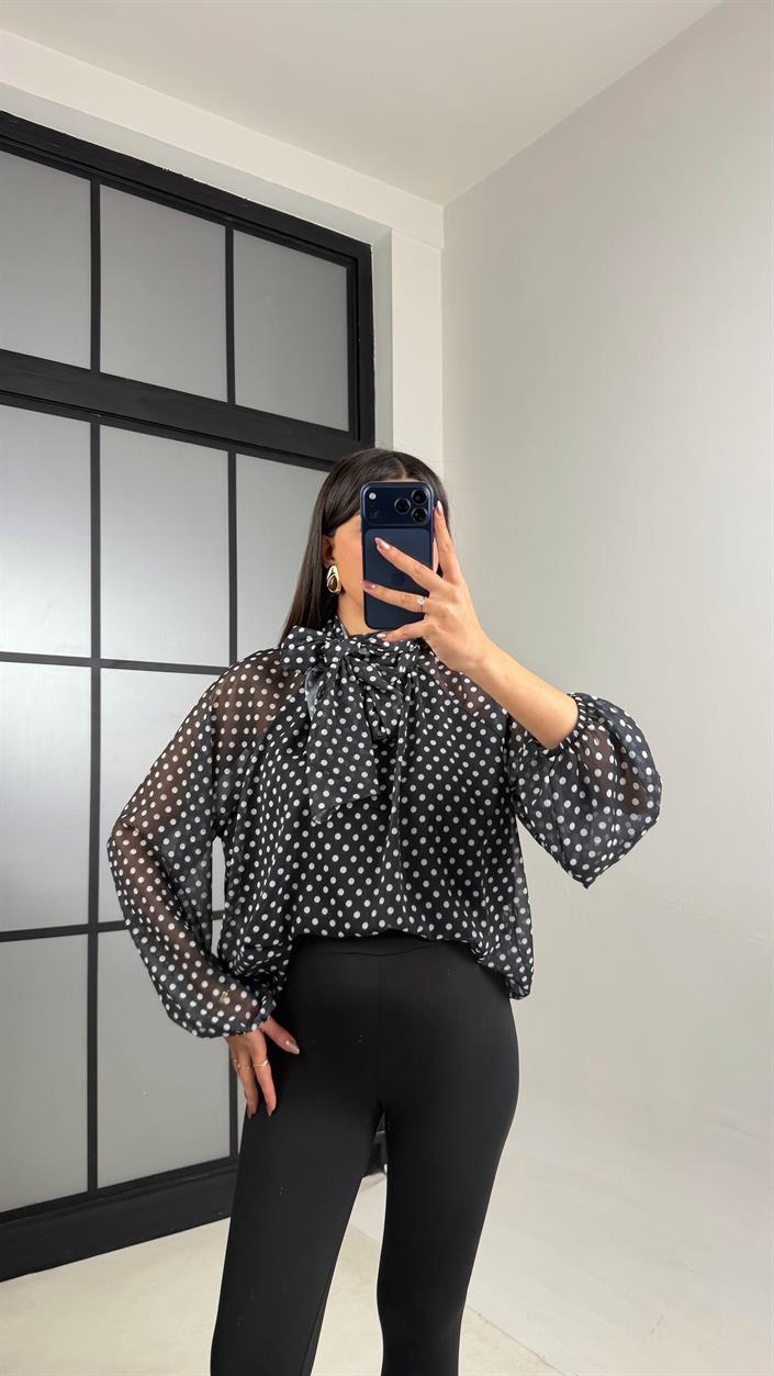 Siyah Puantiyeli Şall Detaylı Şifon Gömlek GAUS-01108
