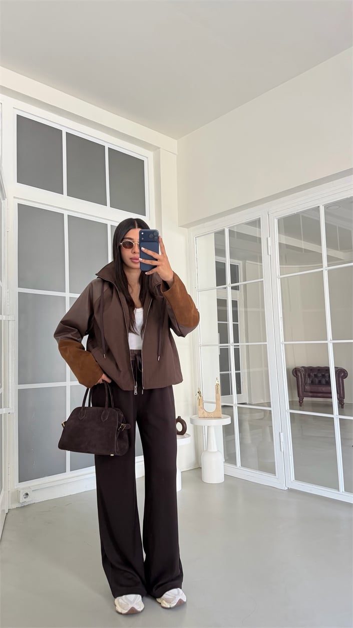 Kahve Kapüşonlu Kadife Kol Detaylı Hırka Beli Lastikli Pantolon İkili Modal Takım GAUS-02060