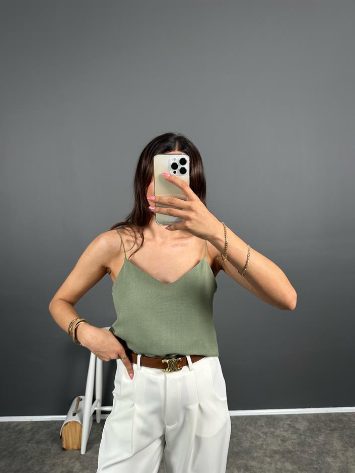 Exa Haki Askılı Keten Crop Bluz