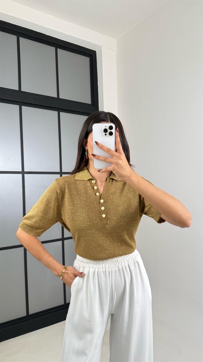 Sarı Simli Polo Yaka Düğmeli Triko Kazak GAUS-00469