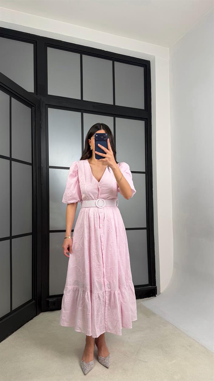 Pembe Çiçek Nakışlı Kemerli Pinterest Elbise GAUS-01342