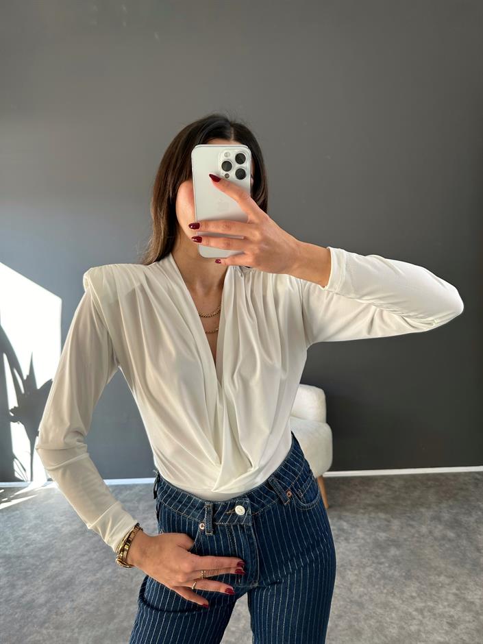 Beyaz V yaka Vatkalı Drapeli Bodysuit