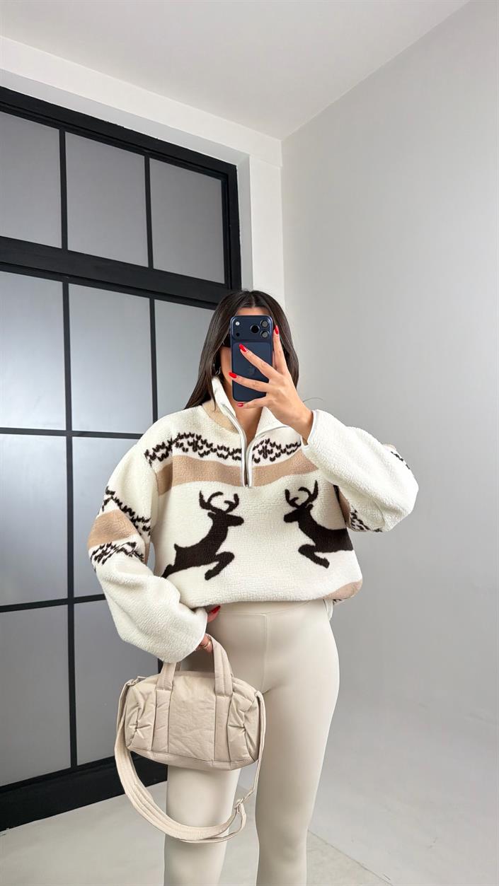 Vizon Fermuarlı Geyik Desenli Polar Sweatshirt GAUS-00723 GAUS-01022