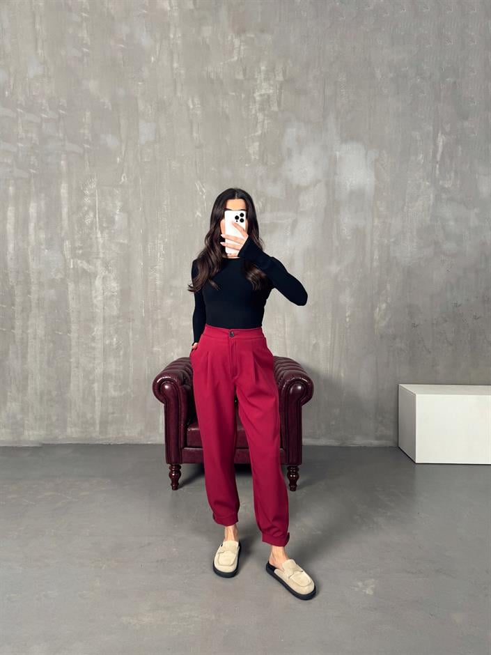 Oslo Bordo Beli Lastikli Havuç Pantolon