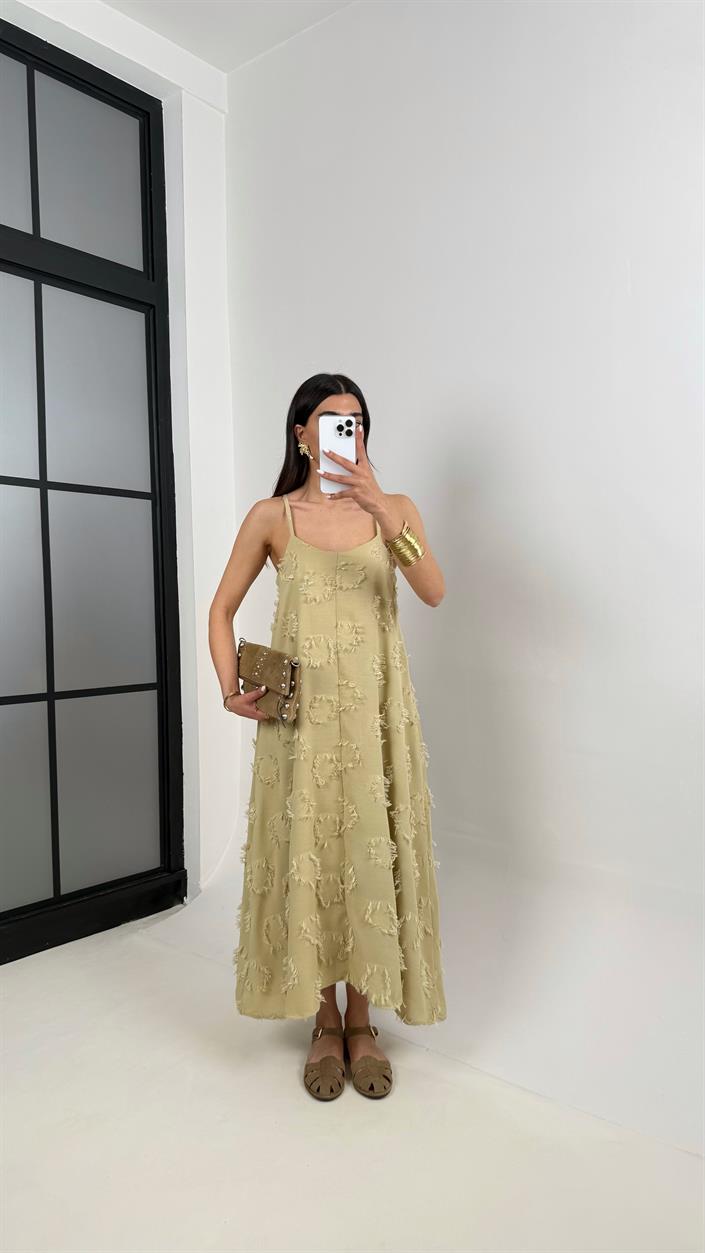 Soft Yeşil Püskül Detaylı Askılı Astarlı Keten Elbise Gaus00392
