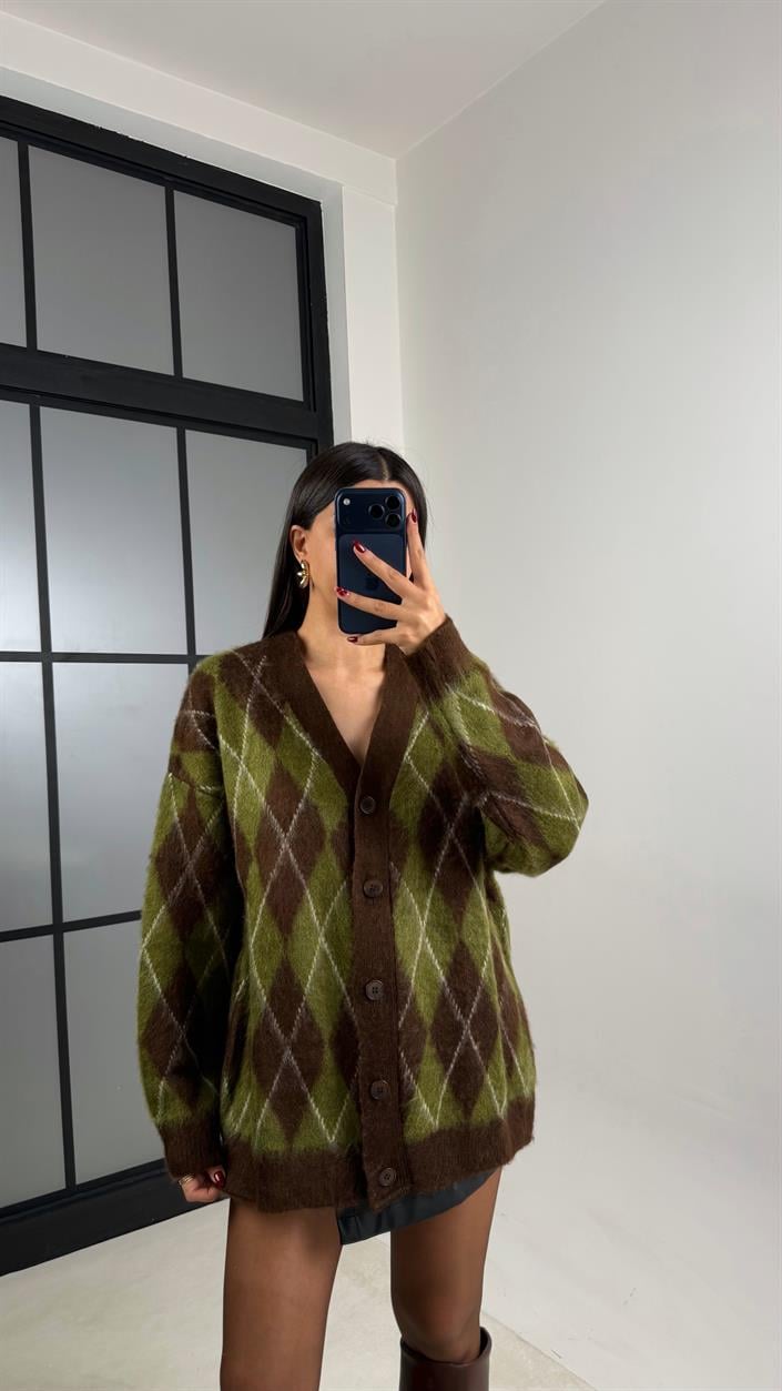 Yeşil Baklava Desenli Triko Hırka GAUS-00627