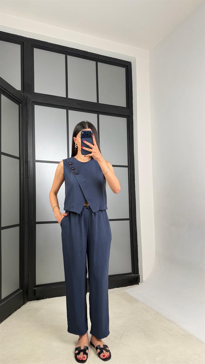 Lacivert Yelek Beli Lastikli Pantolon Premium Takım GAUS-01538