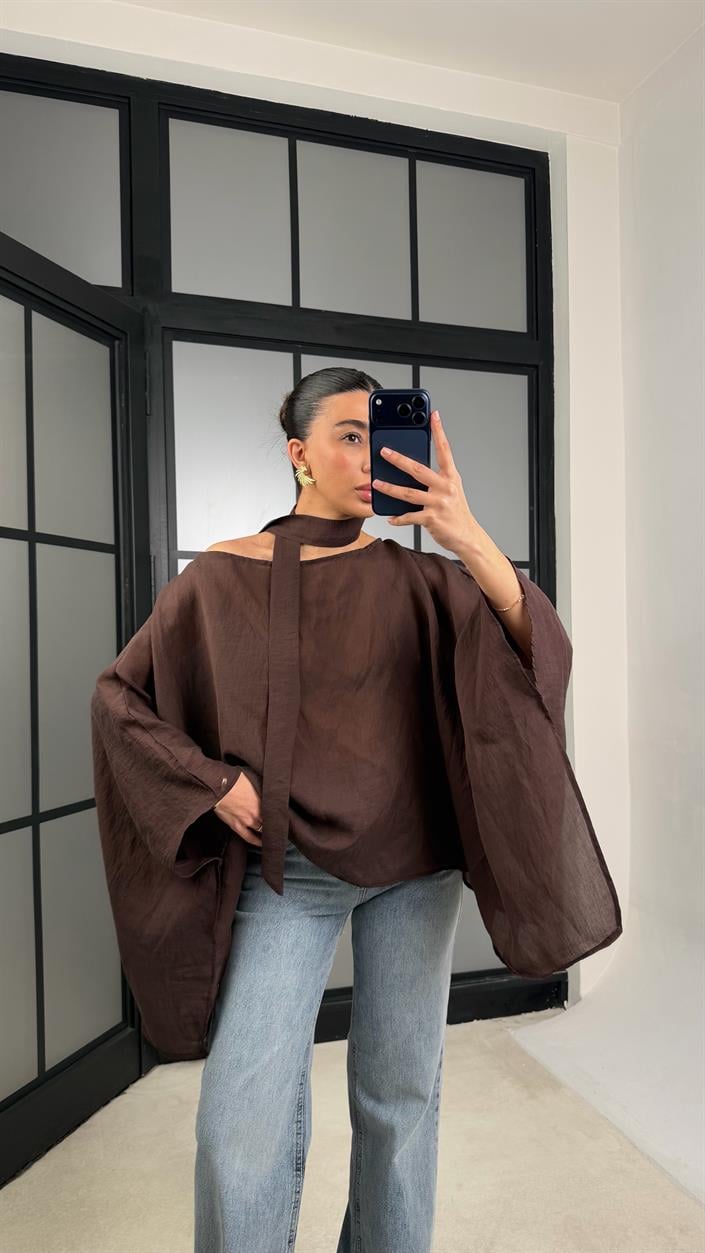 Kahve Yarasa Kol Fular Detaylı Transparan Bluz GAUS-01294