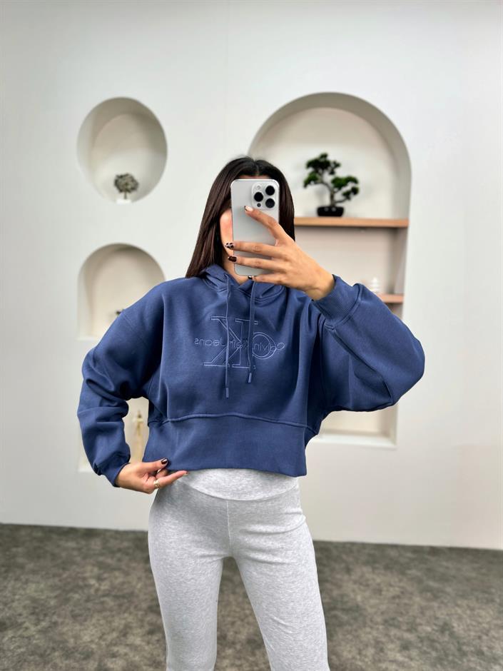 Jime Mavi Muadil Crop Kapüşonlu Şardonlu Sweatshirt