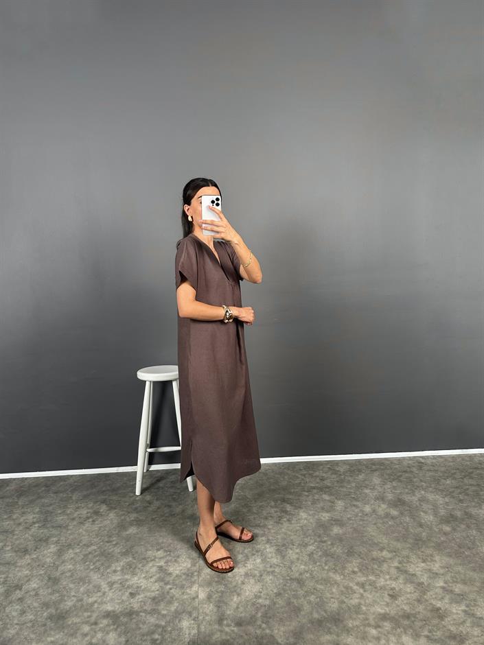 Anita Kahve V Yaka Premium Midi Keten Elbise