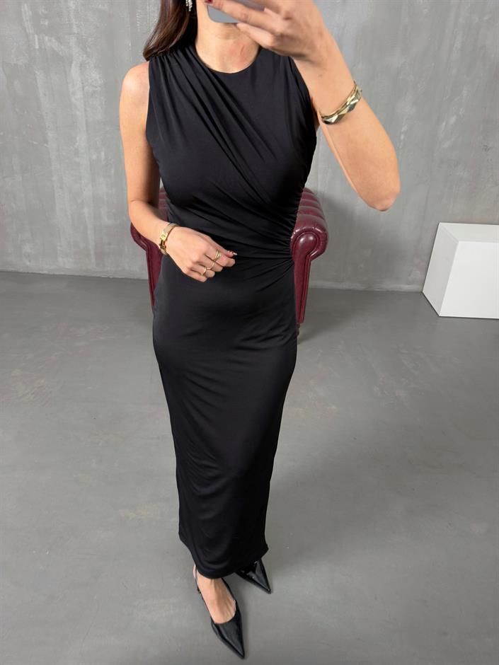 Helena Siyah ZR Model Drapeli Astarlı Elbise