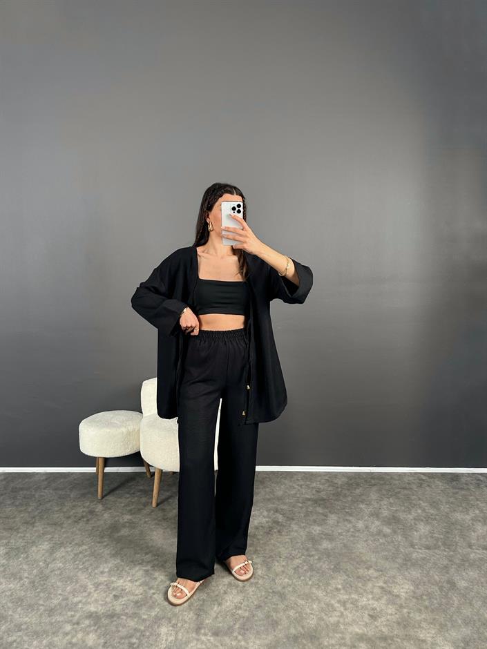 Gai Siyah Kimono Keten Takım