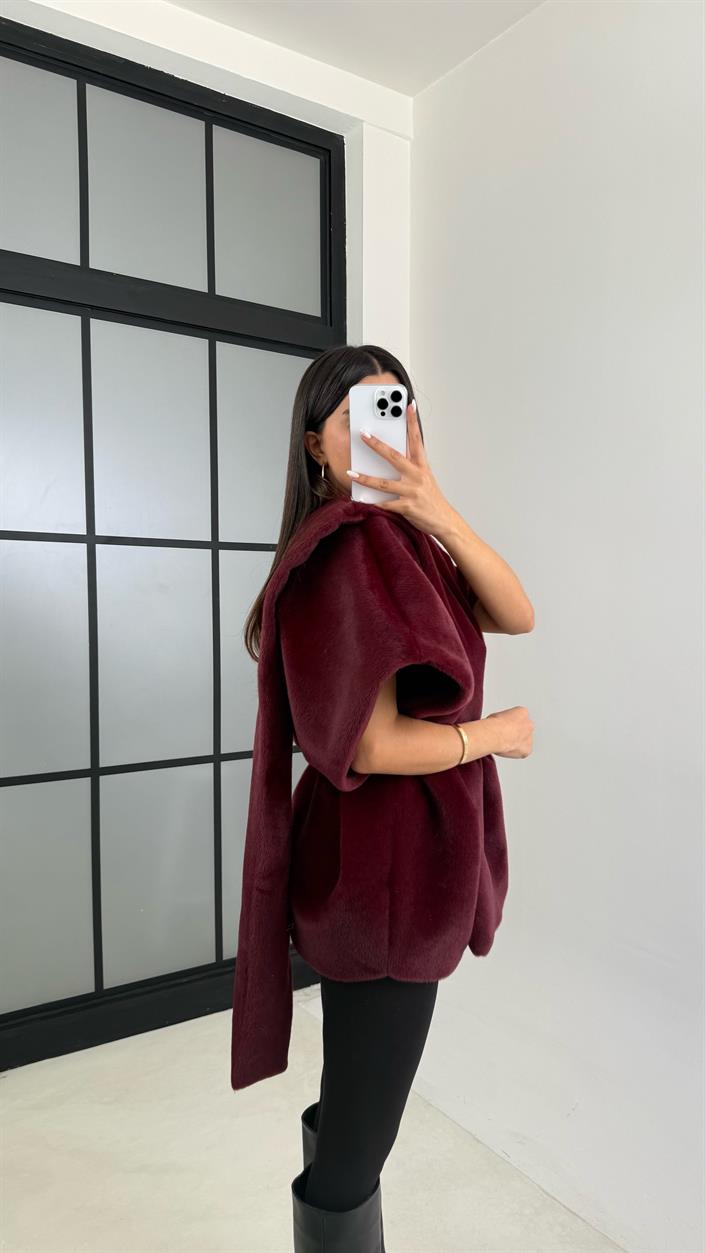 Bordo Kemerli Tasarım Kürklü Panço GAUS-00520