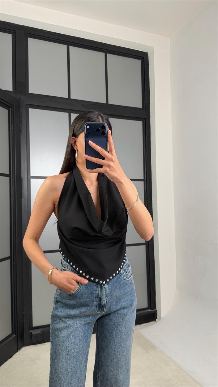 Siyah Zımba Detaylı Beli Lastikli Premium Crop GAUS-01488