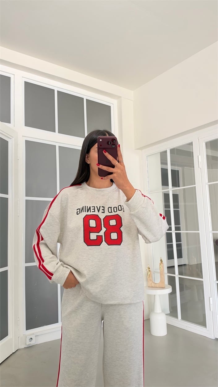 Gri Şeritli Baskılı Sweatshirt Beli Lastikli Pantolon İkili Takım GAUS-02235