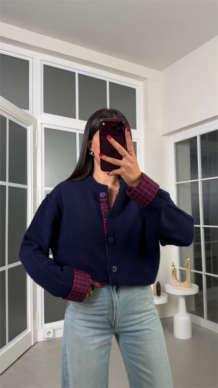 Lacivert Ekose Detaylı Hırka GAUS-02302