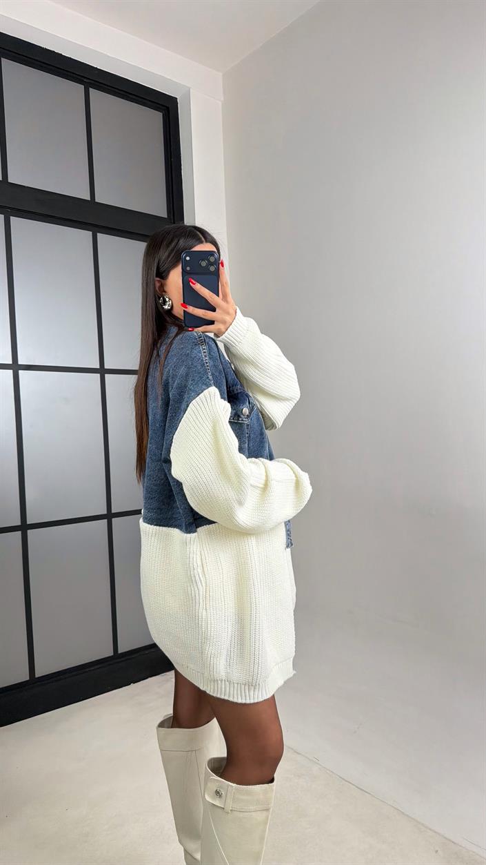 Ekru Denim Detaylı Triko Hırka GAUS-01002