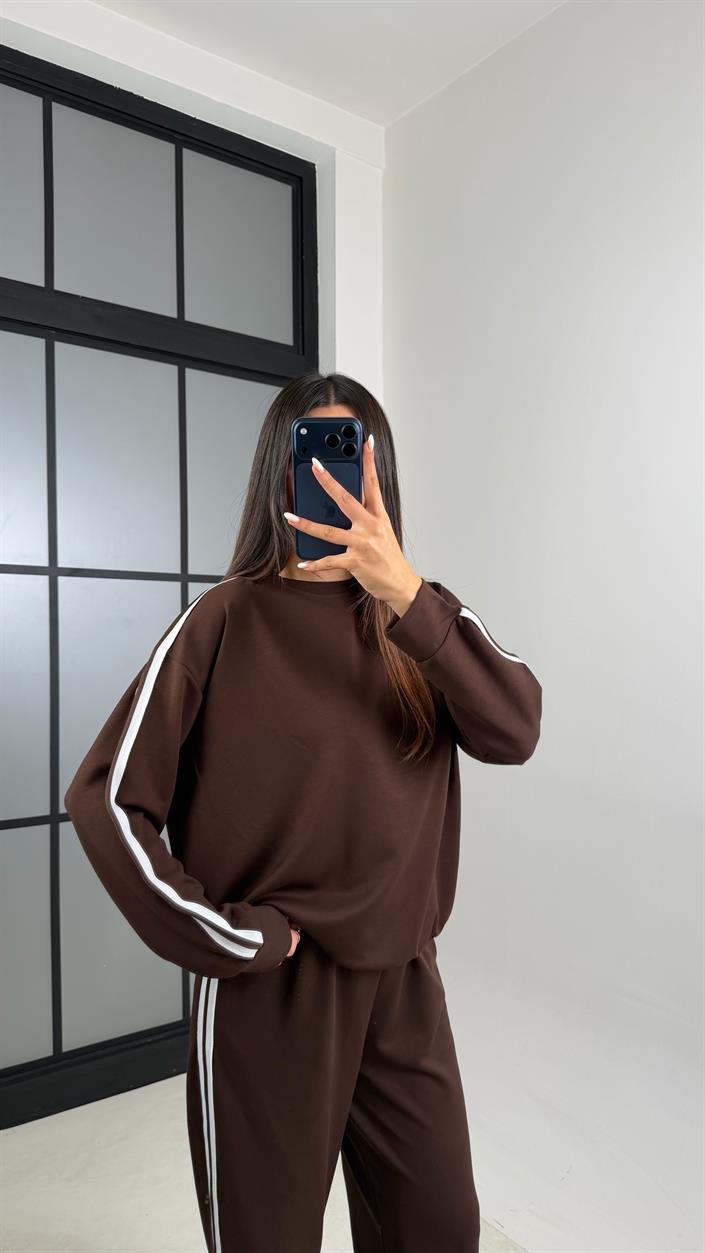Acı Kahve Şerit Detaylı Sweatshirt Beli Lastikli Eşofman İkili Modal Takım GAUS-00621