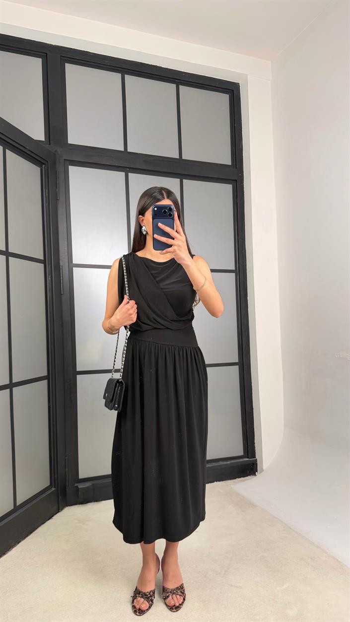 Siyah Sıfır Kol Zr Model Tasarım Elbise GAUS-01362