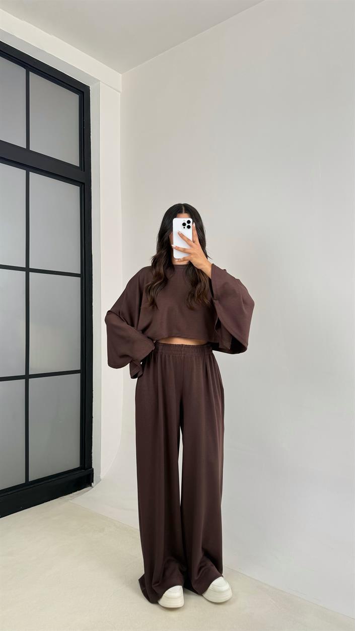 Acı Kahve Yarasa Kol Crop Beli Lastikli Pantolon OYS Muadil Modal Takım GAUS-0080