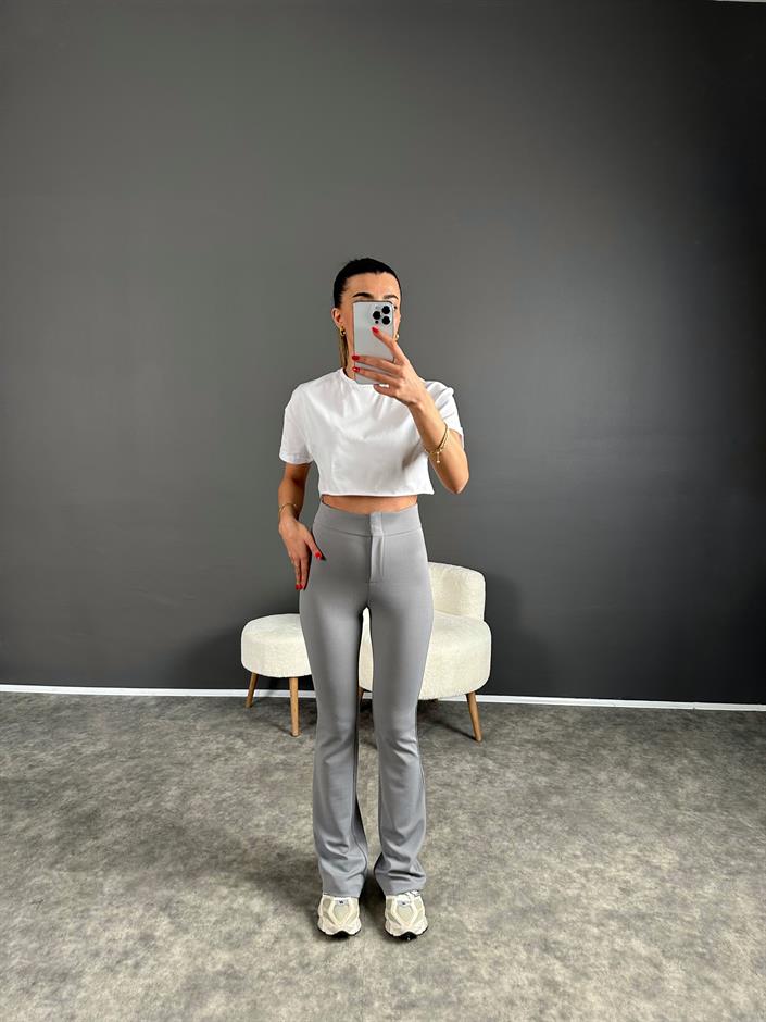 Penny Gri Yüksek Bel Kanca Düğmeli İspanyol Pantolon