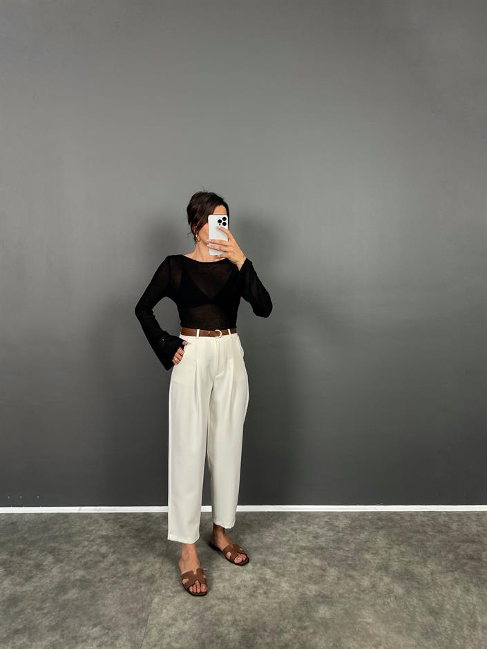 Vion Beyaz Krep Kumaş Kemerli Havuç ZR Model Pantolon