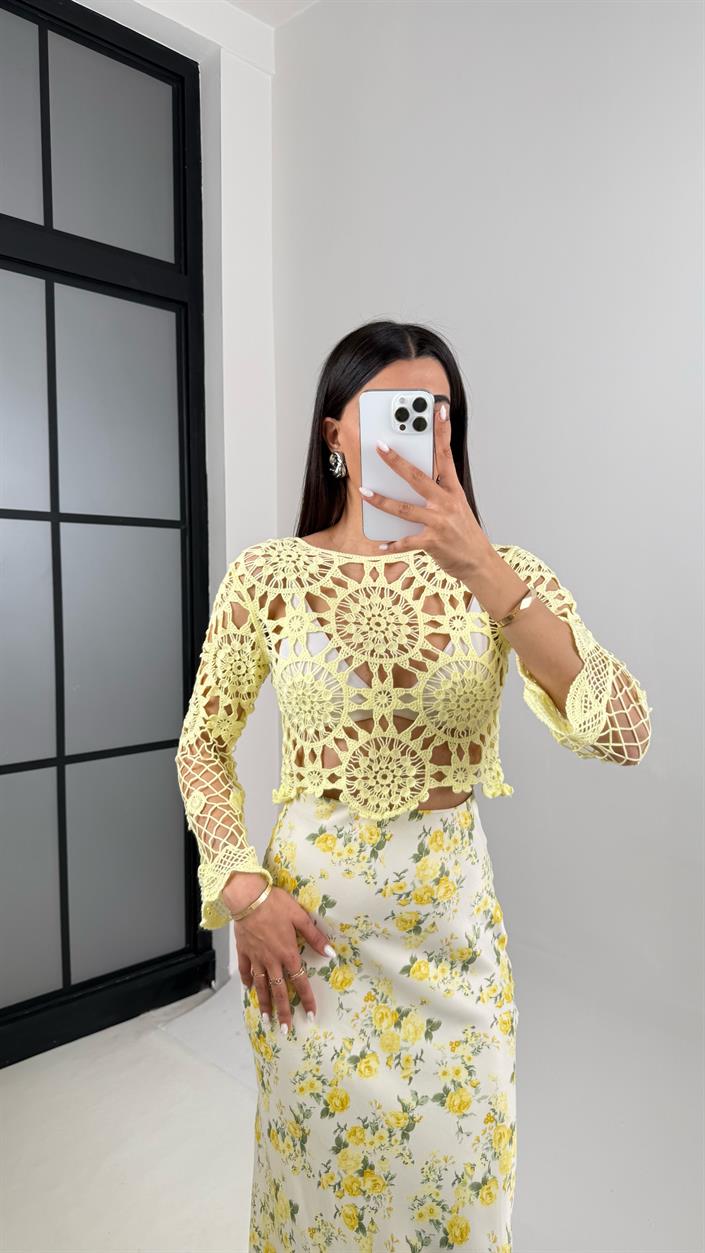 Sarı Örme Ajurlu Triko Bluz Gaus00414