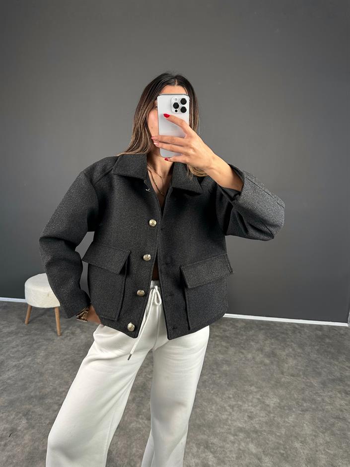 Premium Antrasit Gri Gold Düğmeli Kaşe Ceket