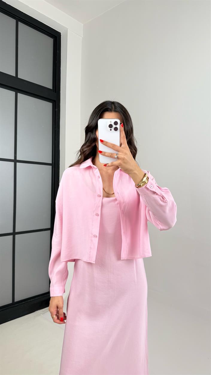 Pembe Ayarlanabilir Askılı Elbise Gömlek İkili Tensel Takım Gaus00467