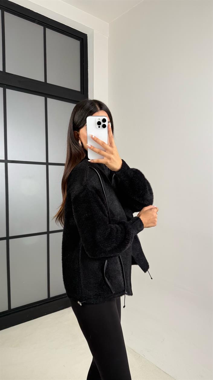 Siyah Deri Şeritli Dik Yaka Premium Ceket GAUS-00148