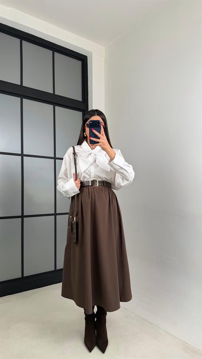 Acı Kahve Cepli Kemerli Etek GAUS-00996
