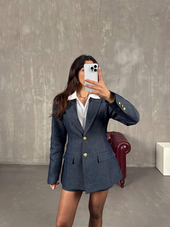 Nadin Mavi Belden Oturtmalı Astarlı Vatkalı Denim Ceket