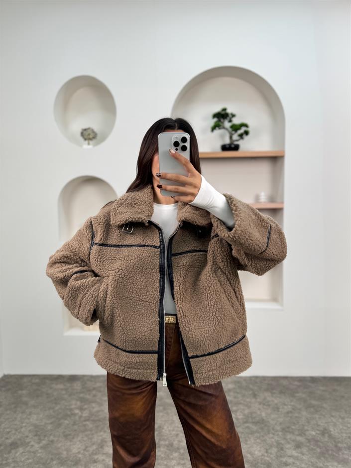 Dash Kahve Deri Şeritli Peluş Biker Mont