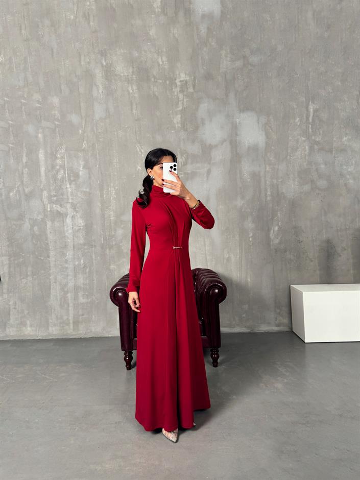 Jerse Bordo Balıkçı Yaka Tasarım Maxi Elbise