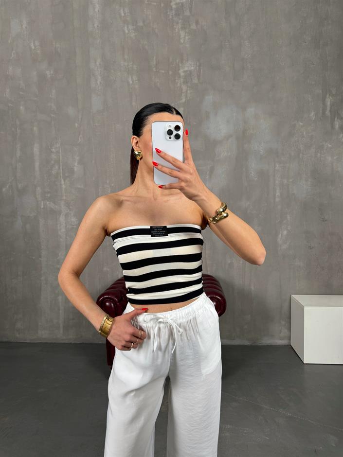 Siyah Beyaz Çizgili Straplez Crop Gaus00213