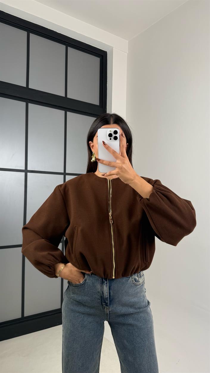 Acı Kahve Astarlı Cepli Kaşe Bomber Ceket GAUS-00191