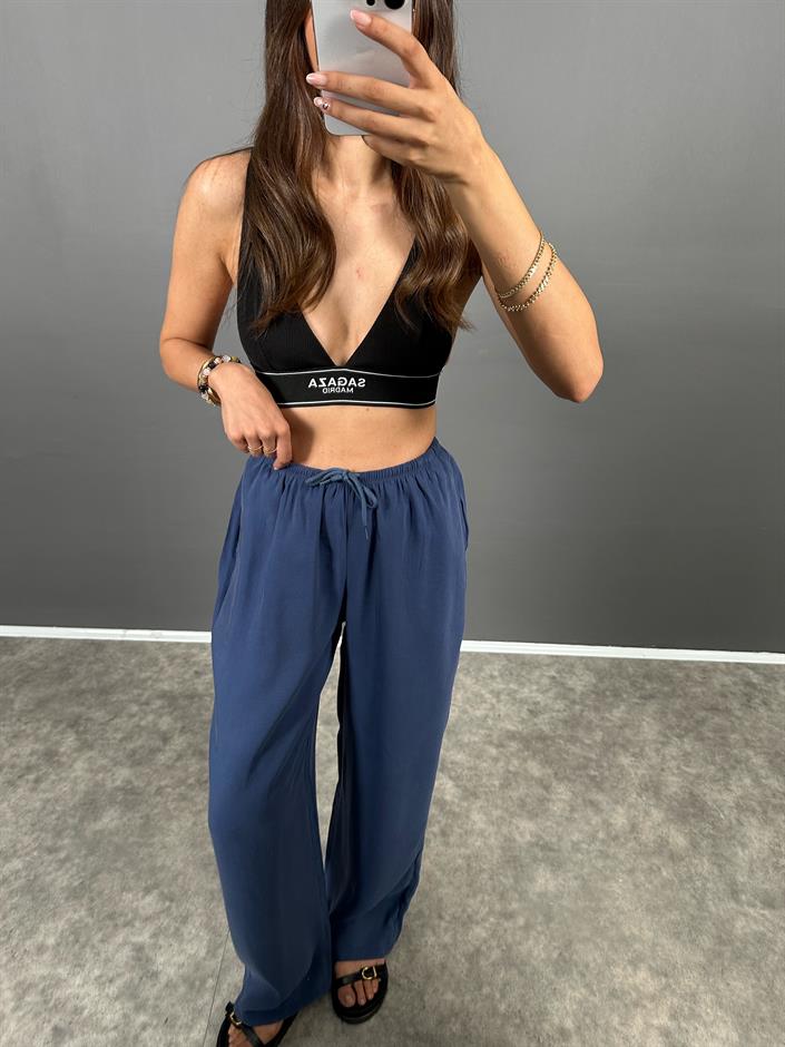 MD İndigo Mavi Beli Lastikli Cepli  İthal Kumaş Rahat Dokuma Muadil Pantolon