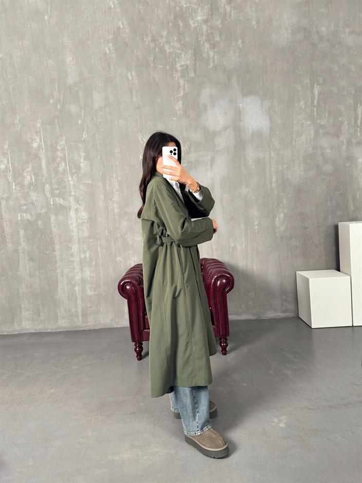 Sindy ZR Haki Muadil Premium Astarsız Kuşaklı Trençkot