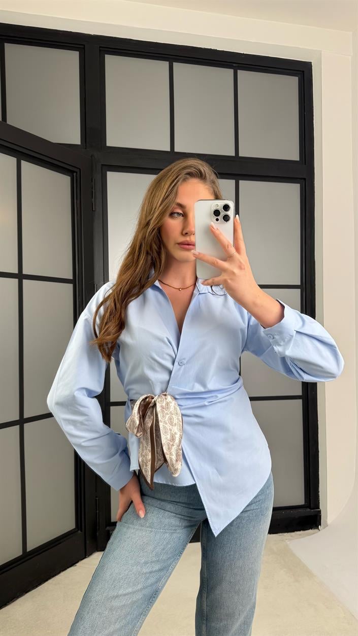 Mavi Bel Bağlama Detaylı Fularlı Tasarım Gömlek GAUS-01173