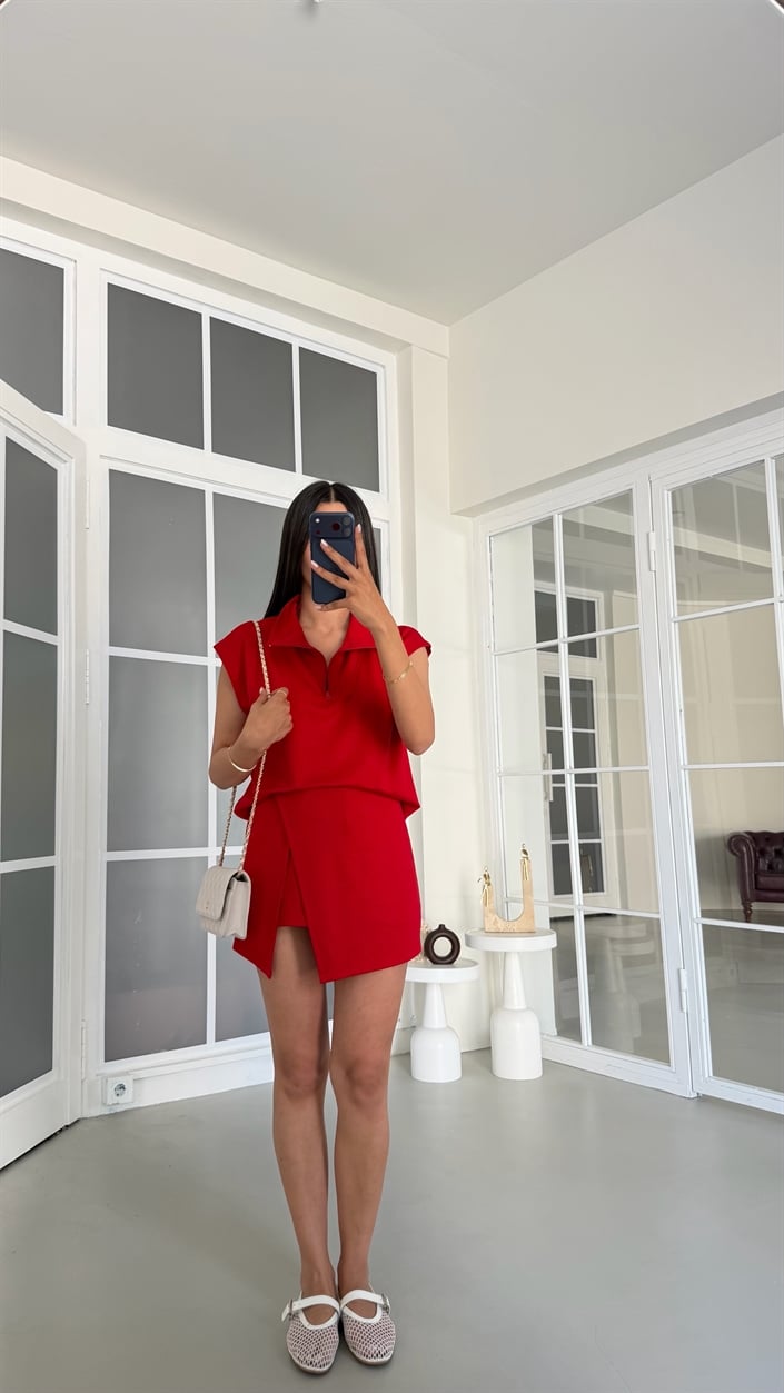 Kırmızı Fermuarlı Bluz Şort Etek İkili Modal Kumaş Takım GAUS-01820