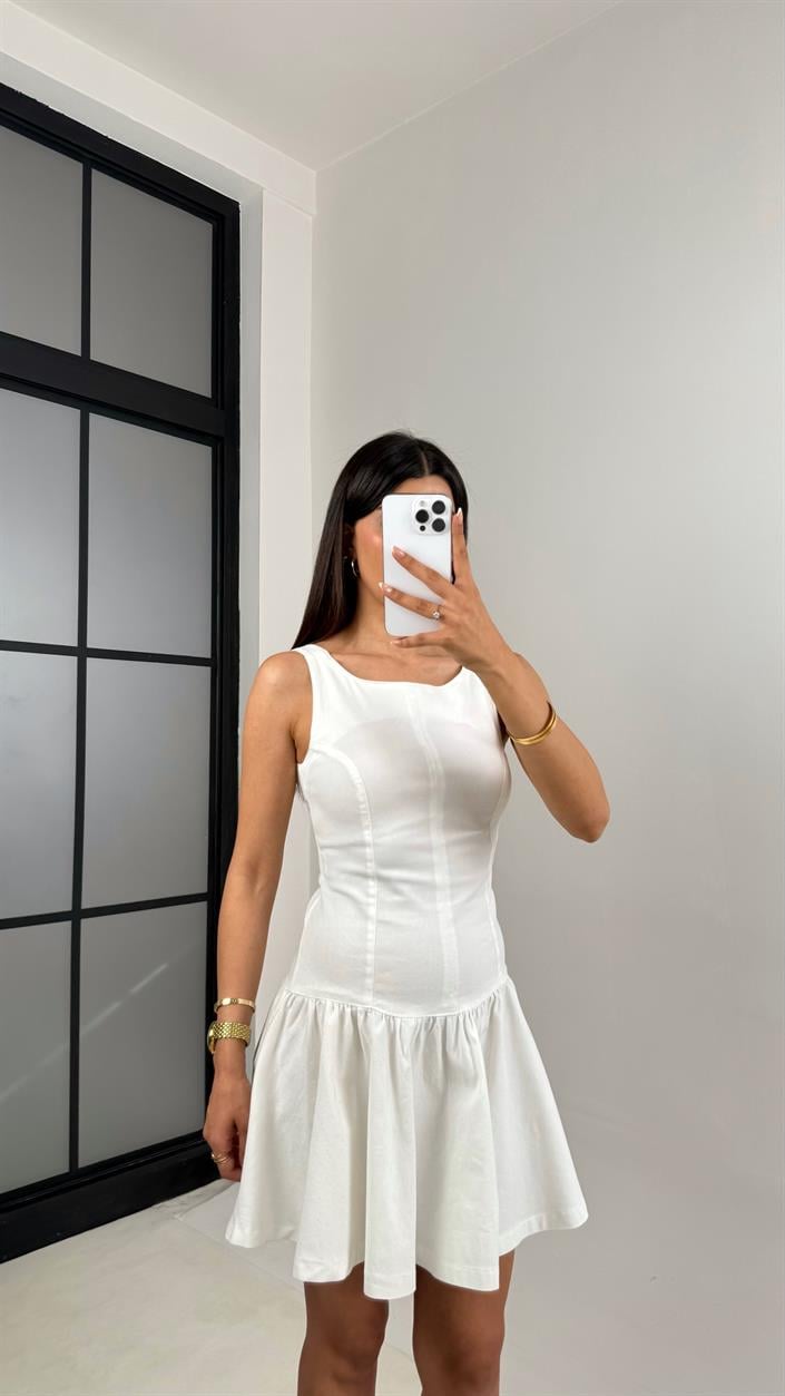 Beyaz Sıfır Kollu Fermuarlı Pileli Denim Elbise Gaus00610