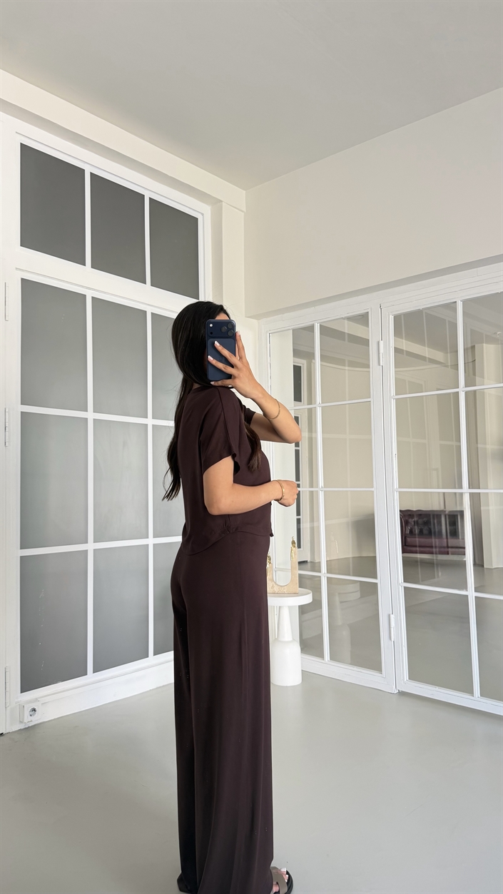 Kahve Bluz Beli Lastikli Pantolon İkili Basic Takım GAUS-01712