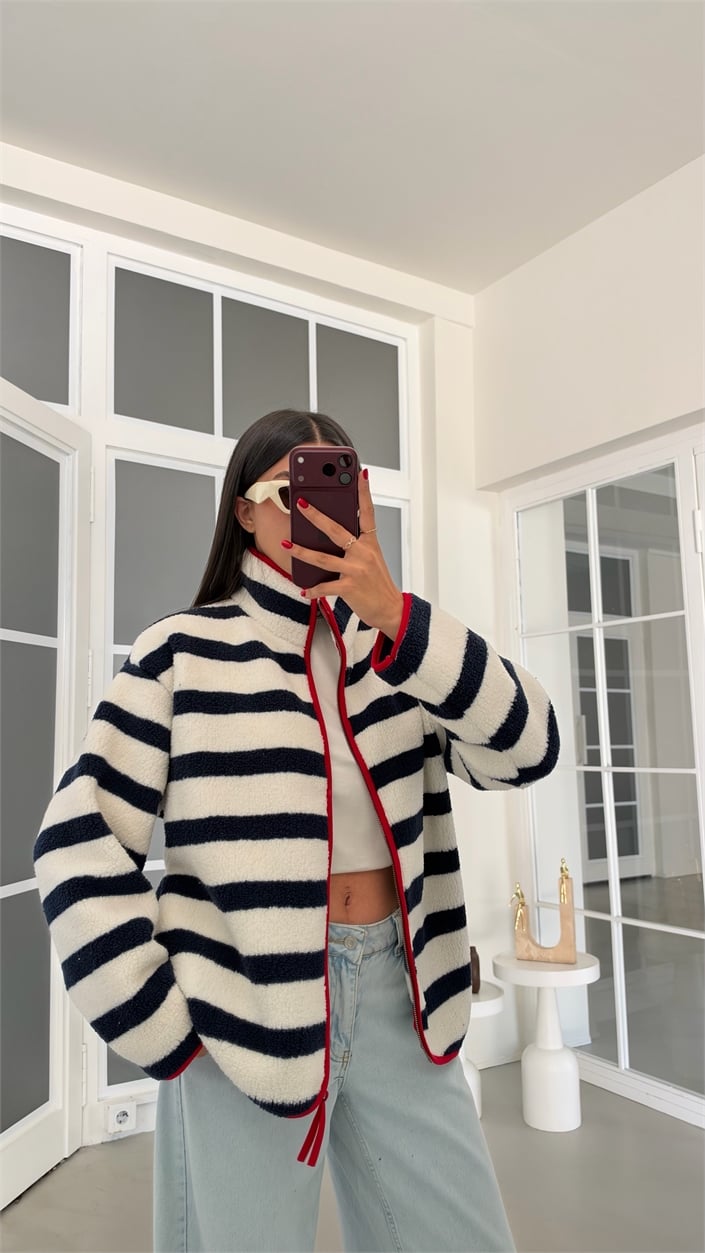 Lacivert Çizgili Kırmızı Şeritli Polar Sweatshirt GAUS-02288 GAUS-01916
