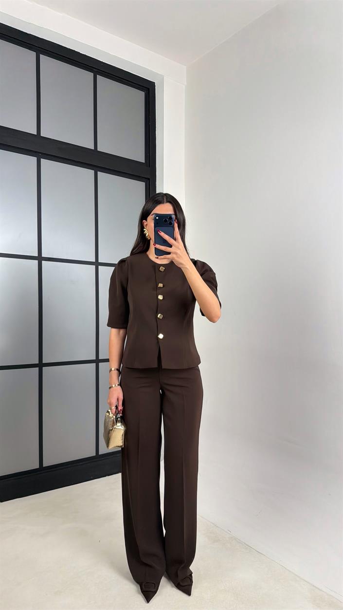 Acı Kahve Gold Düğmeli Balon Kol Ceket Beli Lastikli Pantolon Kumaş Takım GAUS-00748