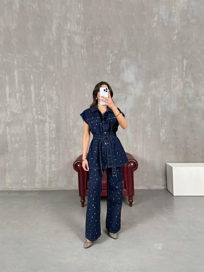 Hespi Lacivert Zımbalı Kuşaklı Yelek Pantolon Denim Takım