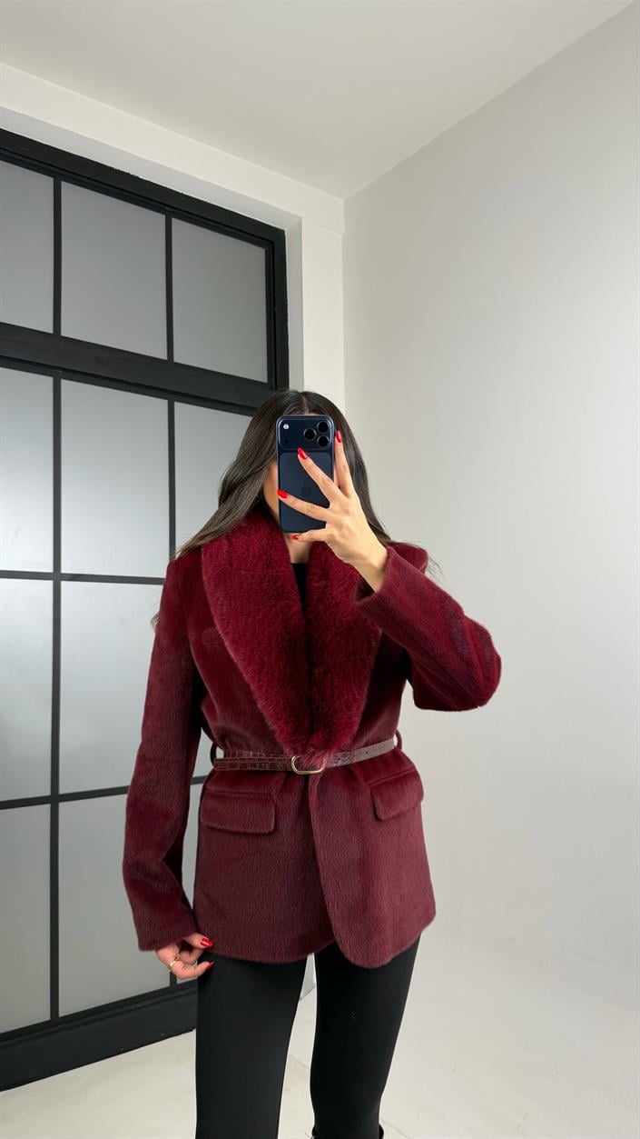Bordo Astarlı Kemerli Premium Kürk Ceket GAUS-00936