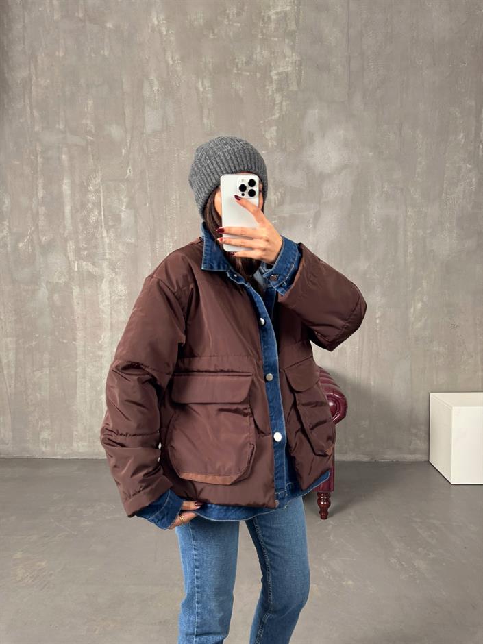 Jovi Kahve Denim Detaylı Astarlı Tasarım Şişme Mont