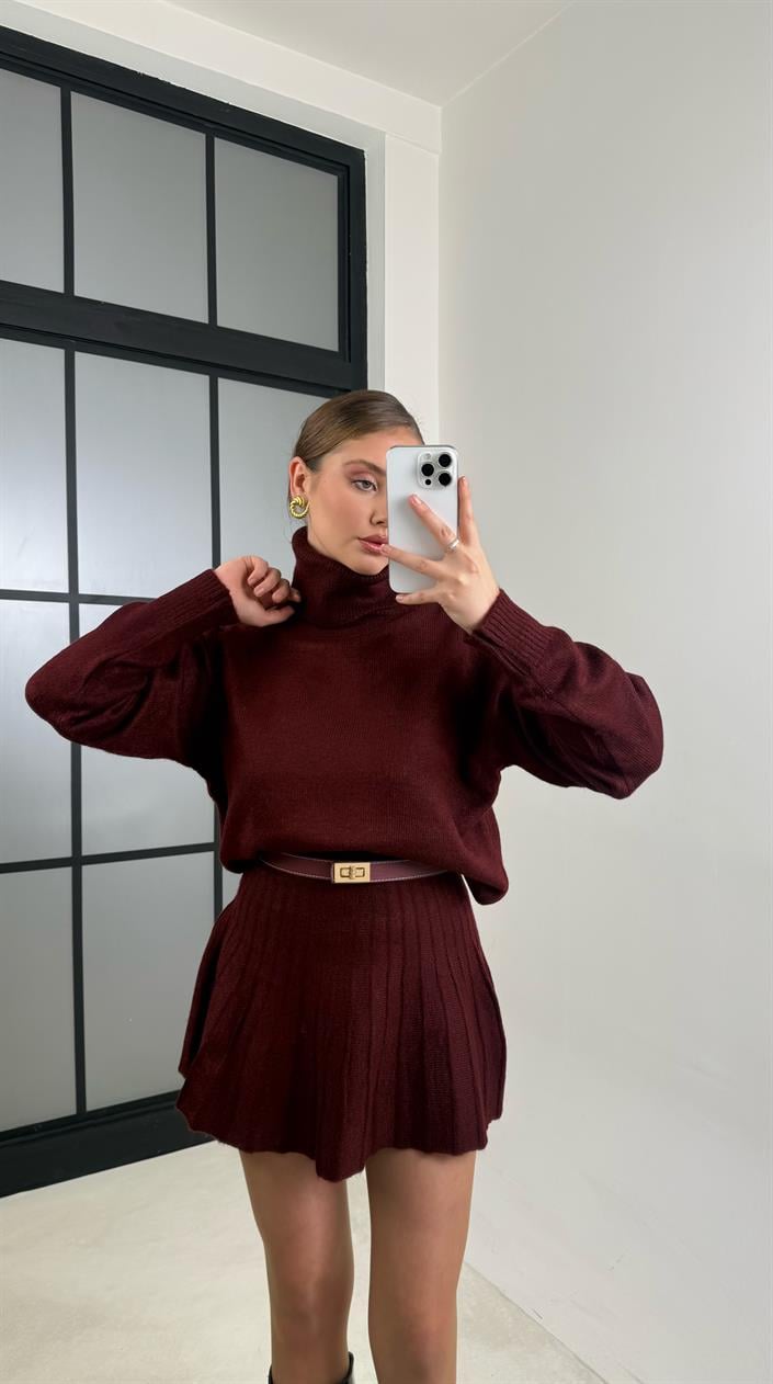 Bordo Balıkçı Yaka Kazak Pileli Etek İkili Triko Takım GAUS-00708