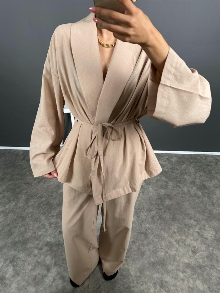 Guta Sütlü Kahve Keten Karışımlı Yarım Astarlı Pantolon Kimono İkili Takım